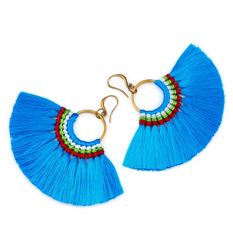 Флола 13 цветов сережки с кисточками Boho большой вентилятор синий бахрома серьги женские oorbellen модные ювелирные изделия пендиентс fecos ersk37 - Окраска металла: Skyblue