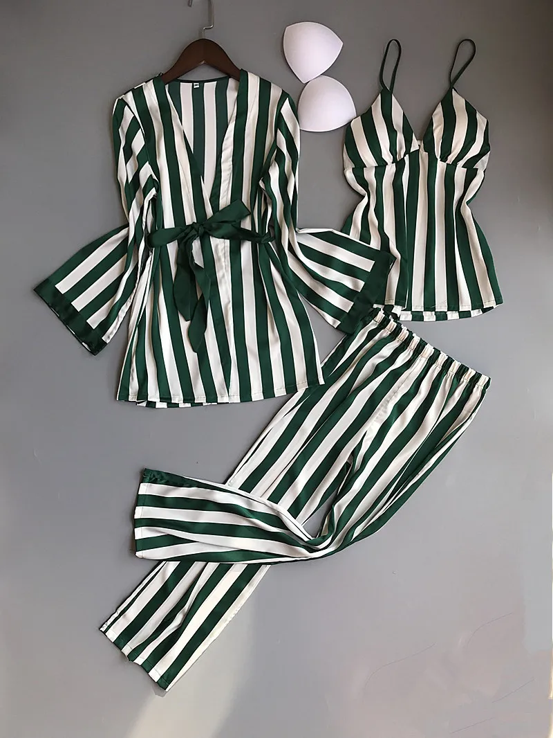 Одежда для сна Сексуальная Полосатый Для женщин пижамы шелковые Pijama элегантные