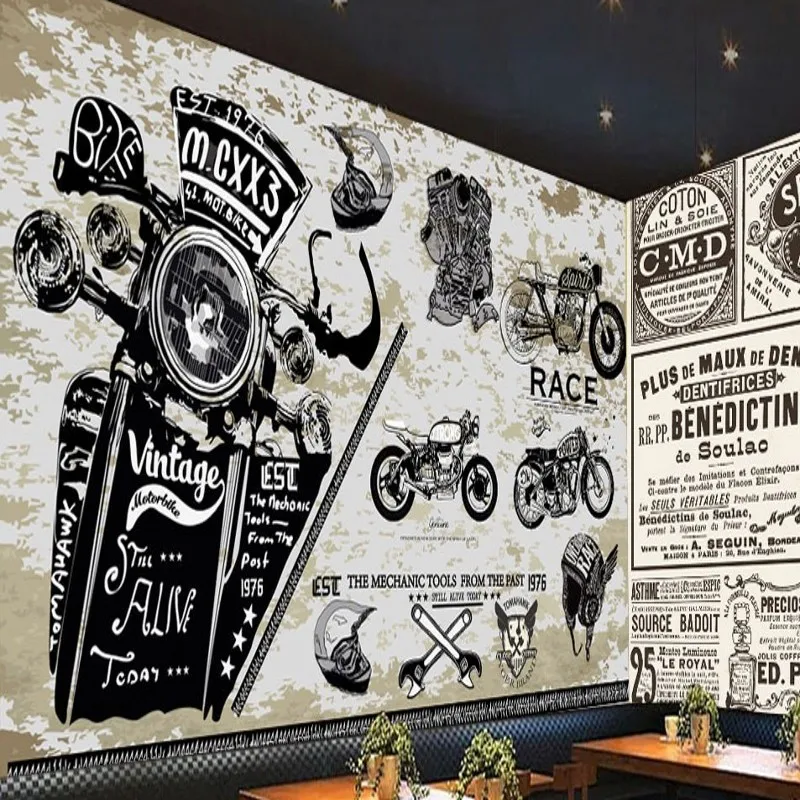 Обои 3d ретро ностальгия мотоцикл обои фон для декорирования Ресторан Бар Студия
