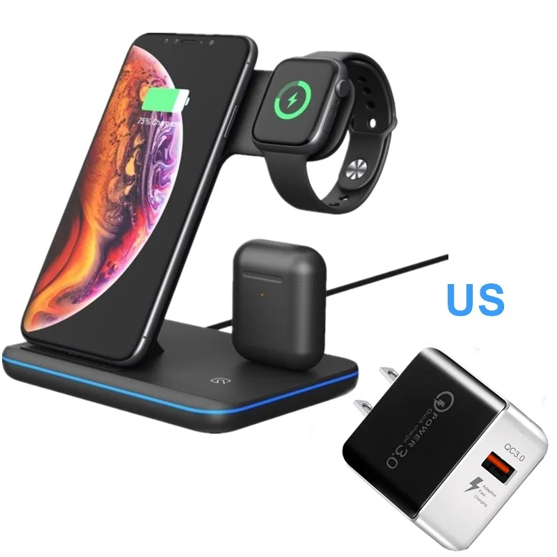BlackUS Tongdaytech 3 в 1 Qi Быстрое беспроводное зарядное устройство для Apple Airpods Pro Watch 5 4 3 2 1 быстрая док-станция для зарядки для Iphone 8 XS 11 Pro - Тип штекера: BlackUS