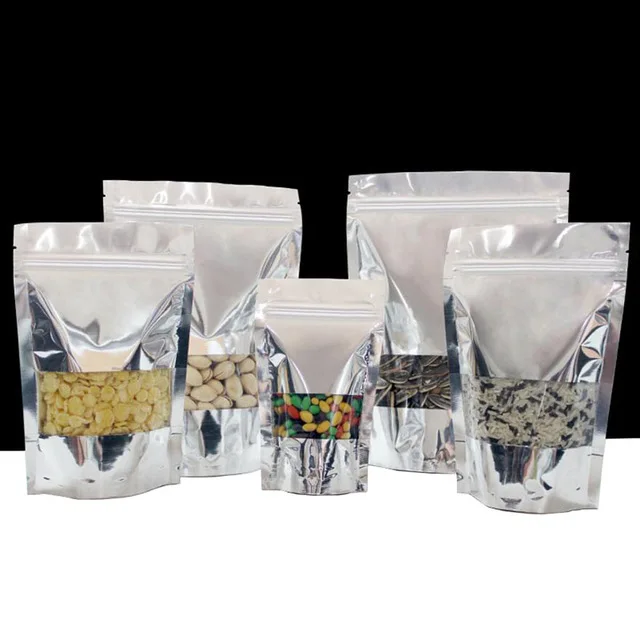 100 упаковок Серебряный Прозрачный стоячий мешок из алюминиевой фольги с замком