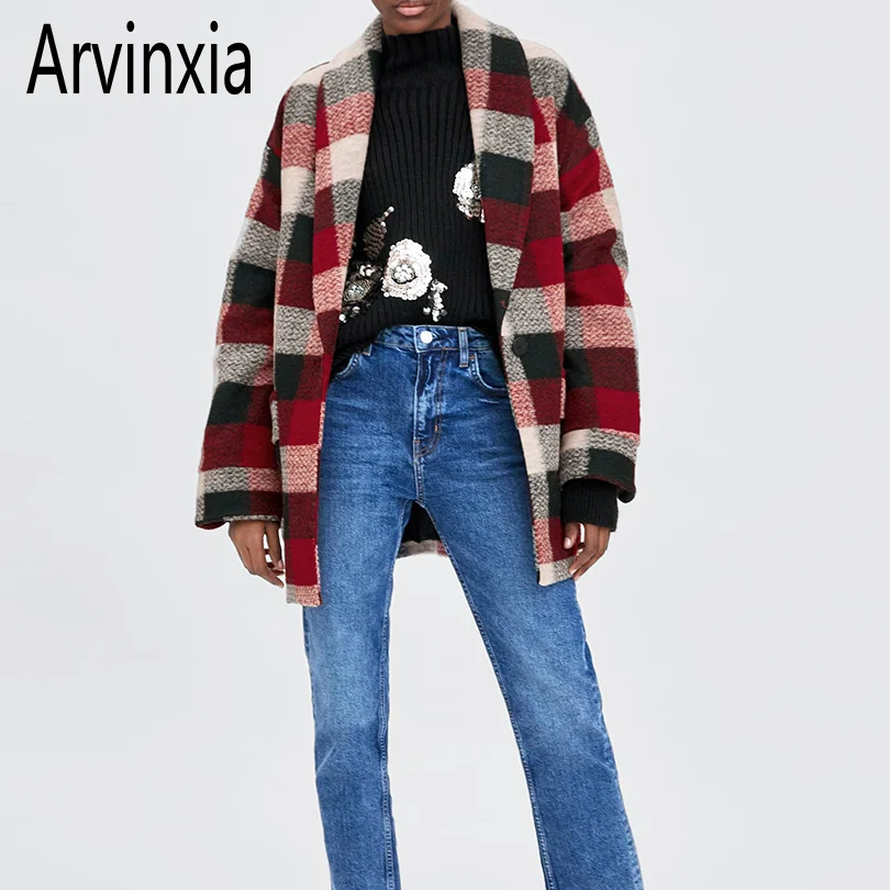 Arvinxia ZA новинка клетчатое Женское пальто с отложным воротником сексуальные
