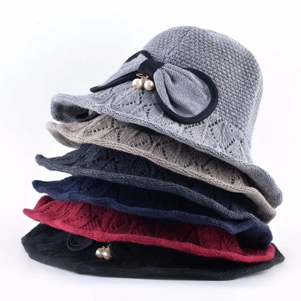 Для женщин Защита от солнца Кепки для осень-зима вязаный шерстяной лук-узел
