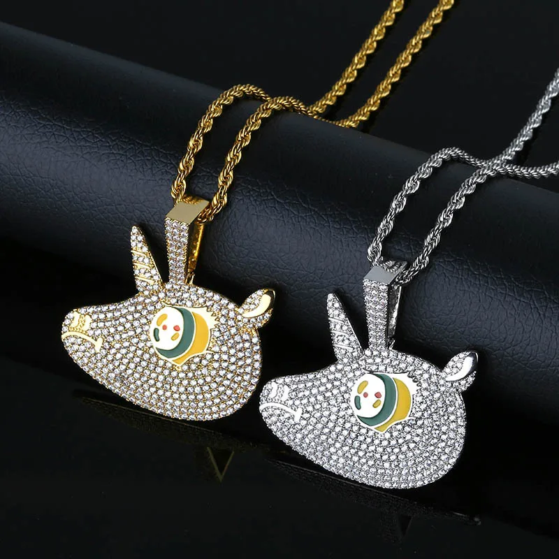 

Hip Hop Full AAA CZ Zircon Paved Bling Ice Out Cute Cartoon Unicorn Pendants Necklace For Men Rapper Jewelry Gold Color Gift