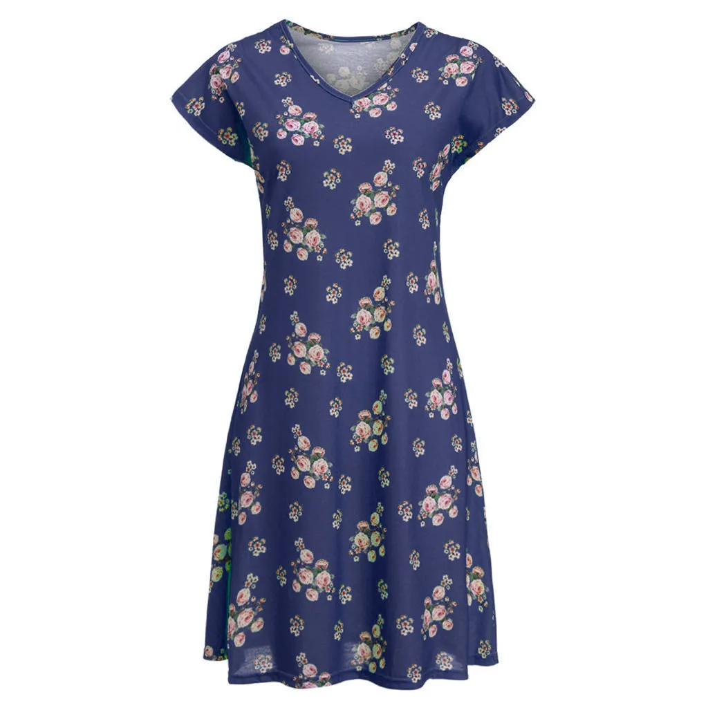 Женское платье до колена с v образным вырезом и коротким рукавом 3 вида цветов