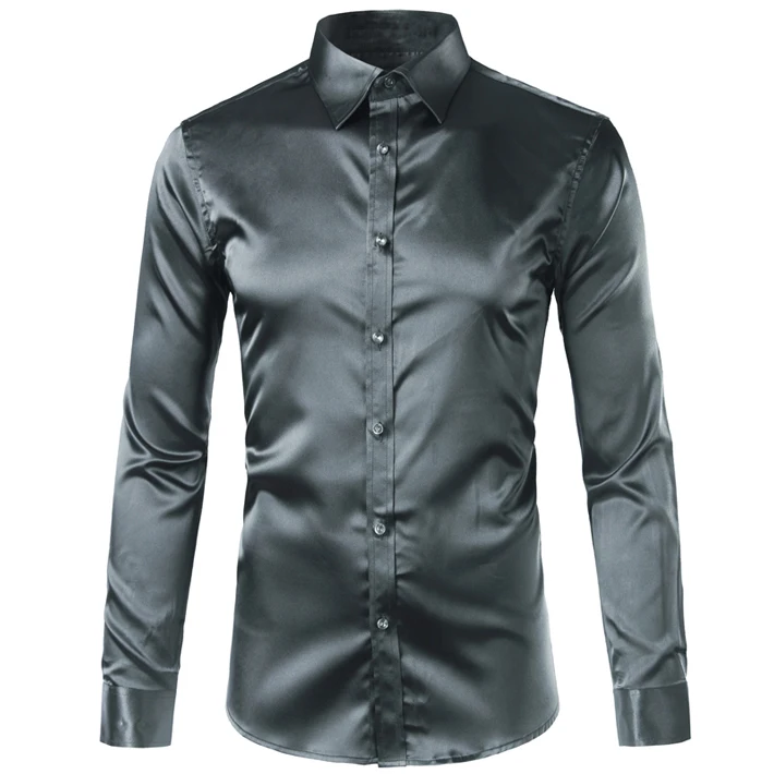 gray Трендовая шелковая атласная Мужская рубашка с длинным рукавом Chemise Homme модная мужская приталенная рубашка из искусственного шелка на пуговицах - Цвет: gray