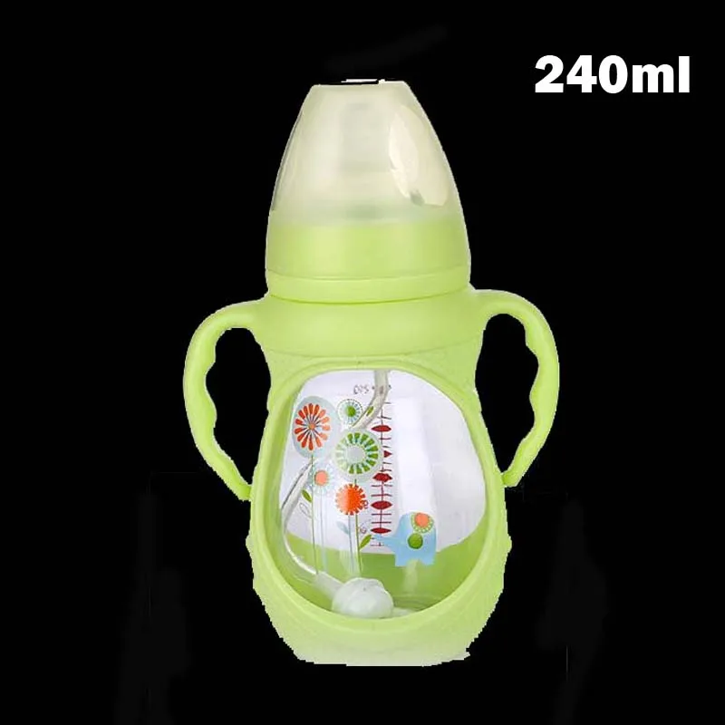 240ml Green L 150/240 мл детская стеклянная бутылка Антиколиковая широкая горловина со съемной ручкой бутылочка для кормления для новорожденных малышей BPA бесплатно 8 унций - Цвет: 240ml Green L