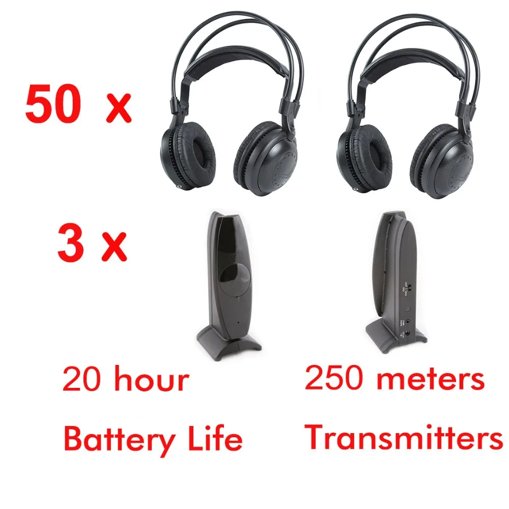 

Professional Ultra low bass 50pcs Silent disco Wireless headphones and 3 transmitters- for silent party meeting DJ and so on