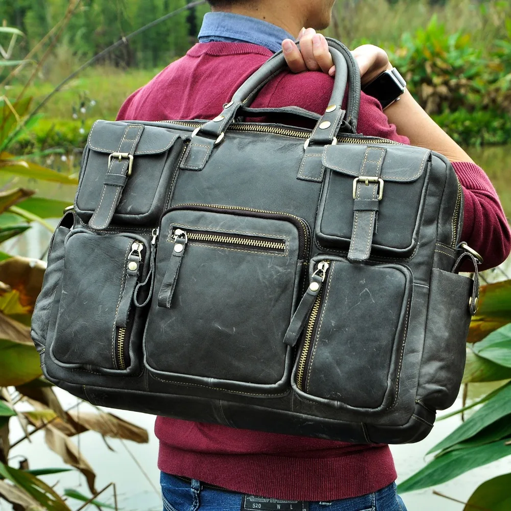 Men Real Leather Antique Large Capacity Travel Briefcase Business 15.6