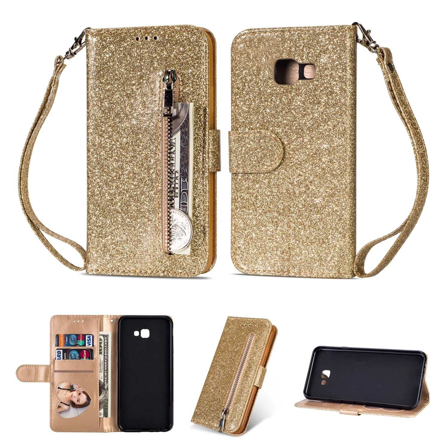 Gold Bling чехол S10E для samsung Galaxy J4 J6 A6 плюс J330 J5 Pro J730 A5 A7 A6 плюс кожаный чехол-книжка бумажник с застежкой-молнией крышка - Цвет: Gold