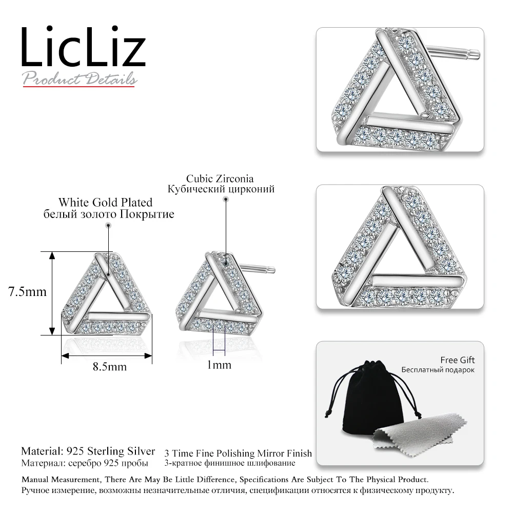 LicLiz 925 Sterling Silver Triangle Earrings For Women Post Ear Piercing Studs Geometric Pave Cubic Zirconia Stud Earings LE0338 | Украшения