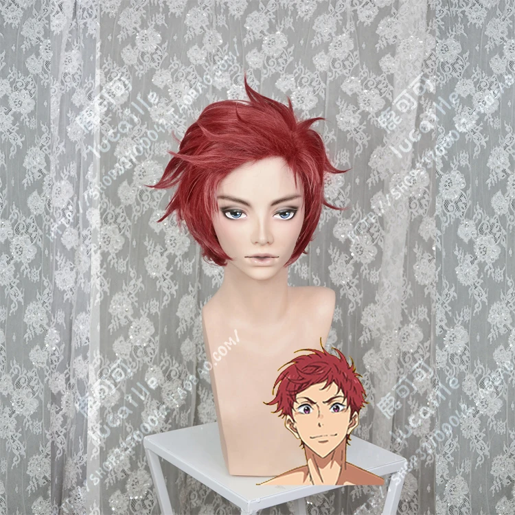 

Anime Free!-Dive to the Future Shiina Asahi Cosplay Wig Short Red Heat Resistant Synthetic Hair Wigs + Wig Cap