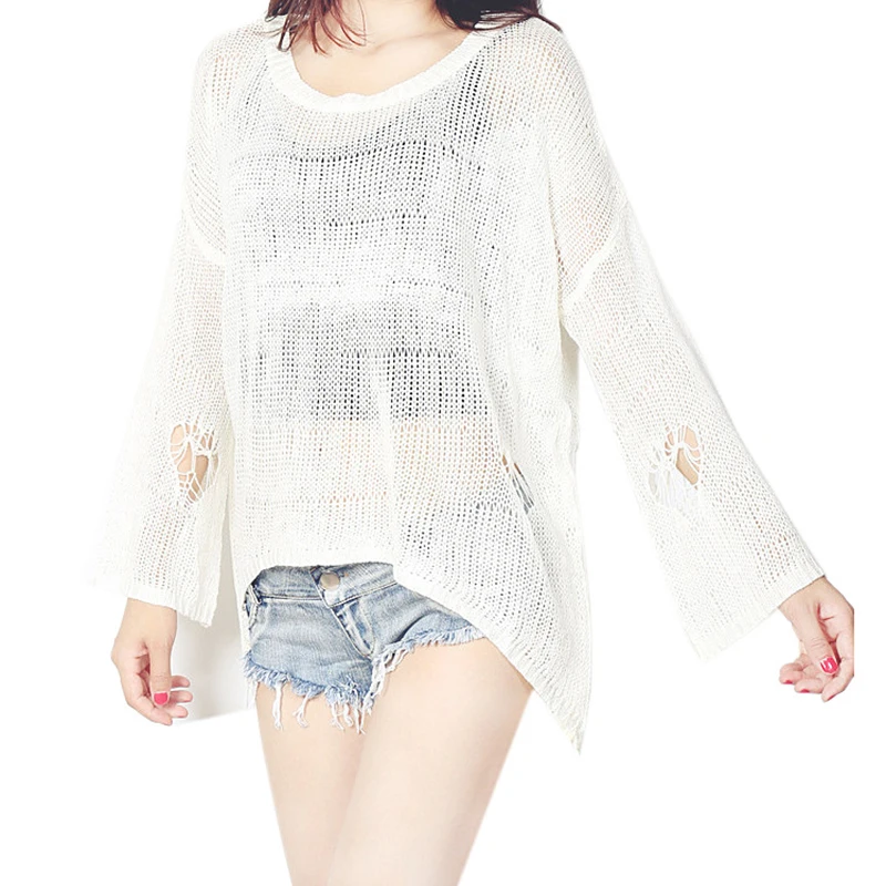 Women Autumn Loose fit Long sleeve Sweater Destroyed ripped slouchy sweater pullover hollow out loose Jumper tops | Женская одежда