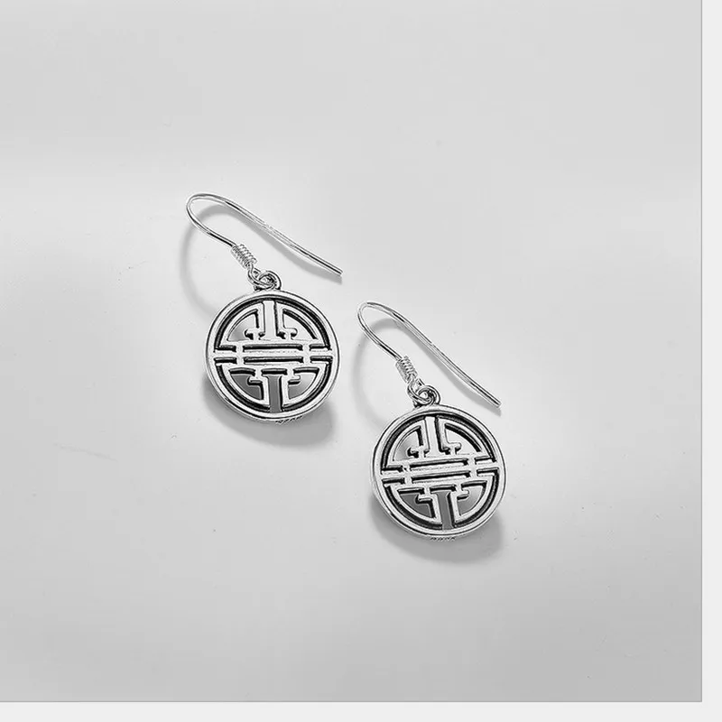 Uglyless Genuine Solid 925 Sterling Silver Round Fine Jewelry for Women Chinese Wind Longevity Earrings Hollow Medal | Украшения и