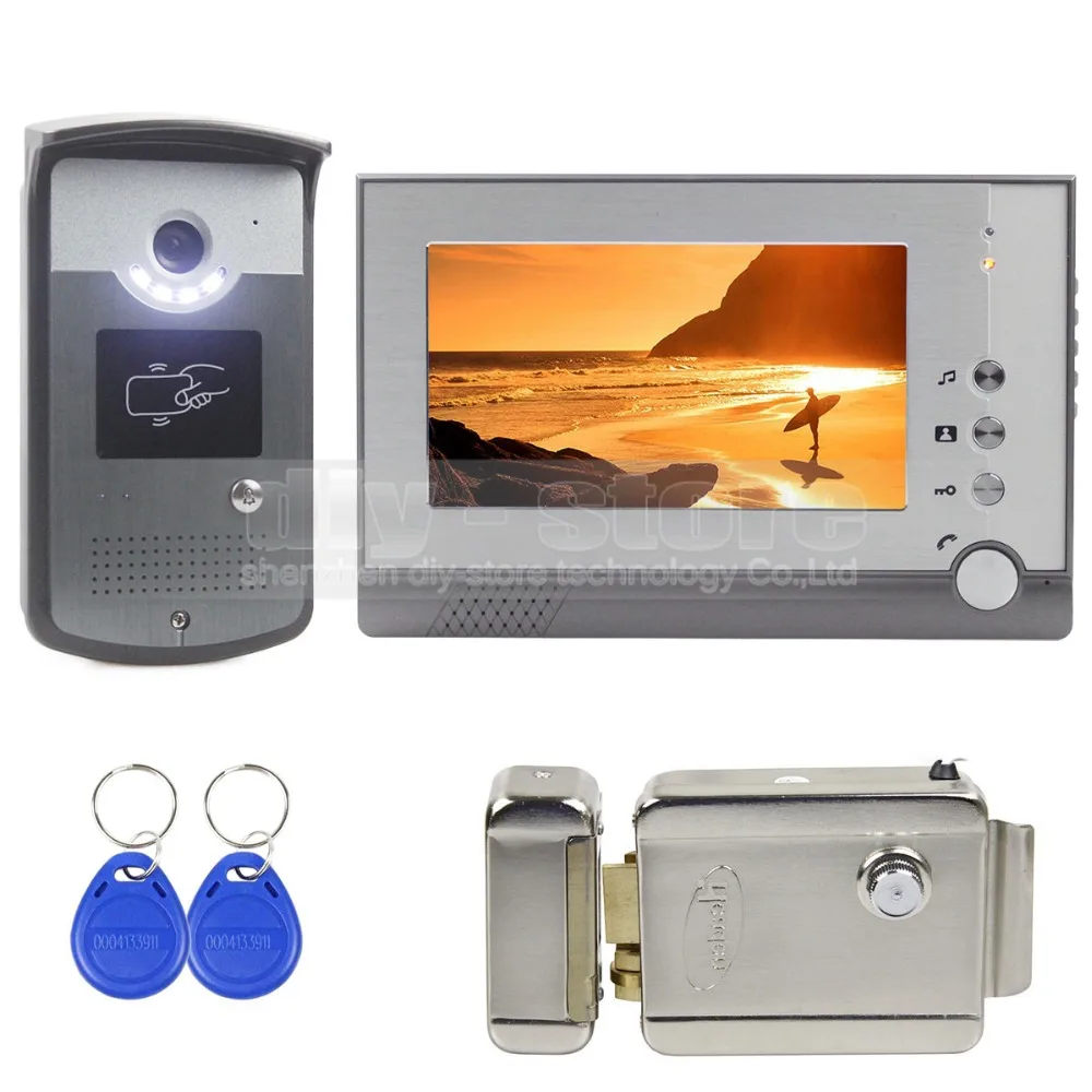 

DIYSECUR Electric Lock 7 inch Color Video Door Phone Visual Intercom Doorbell Card Key Reader RFID LED Night Vision Camera 1 V 1