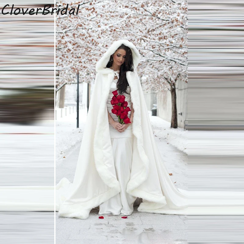 2.2 meters White Wedding Cloaks 2017 Hooded Bridal Cape with Train Faux Fur Winter Wedding Accressories Bridal Wraps Bridal Cape