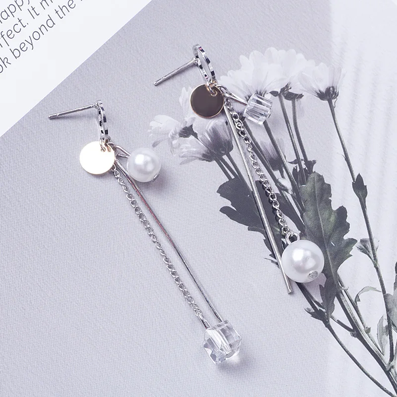 Japan and South Korea new earrings fashion asymmetrical personality long crystal Pearl Tassel female | Украшения и аксессуары