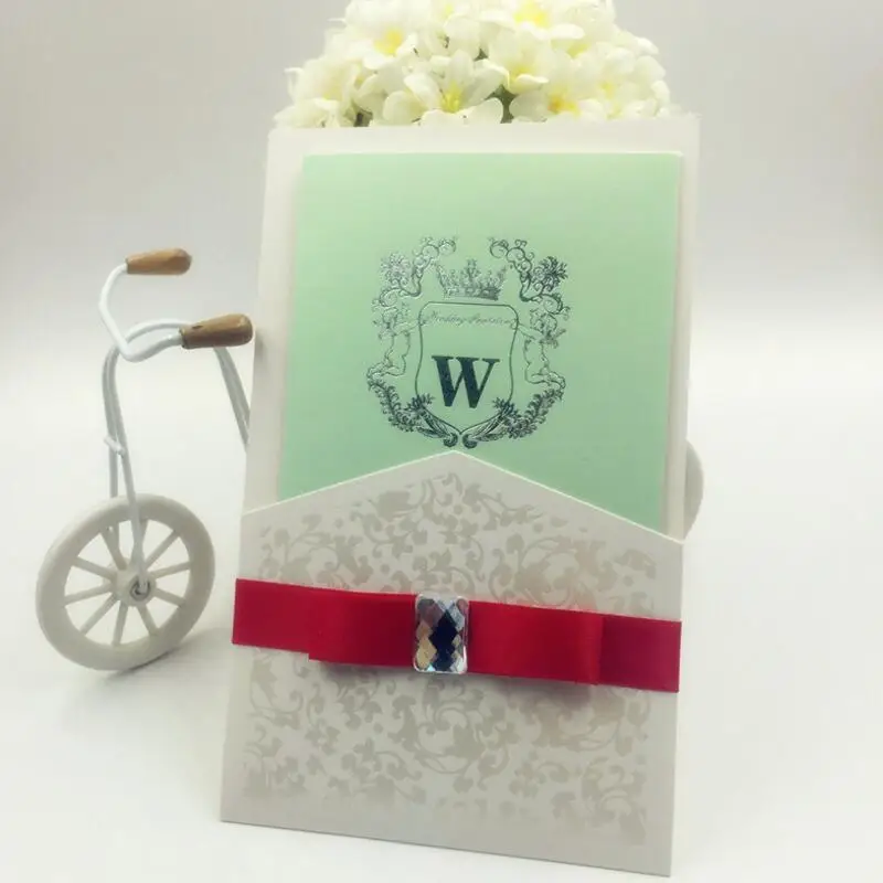 

20pcs/pack Classic Elegant Wedding Invitations Cards Blank Inside Page with Envelope Ribbon Crystal Invitation Card