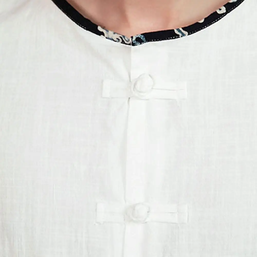 Летняя Мужская винтажная рубашка в китайском стиле повседневная однотонная