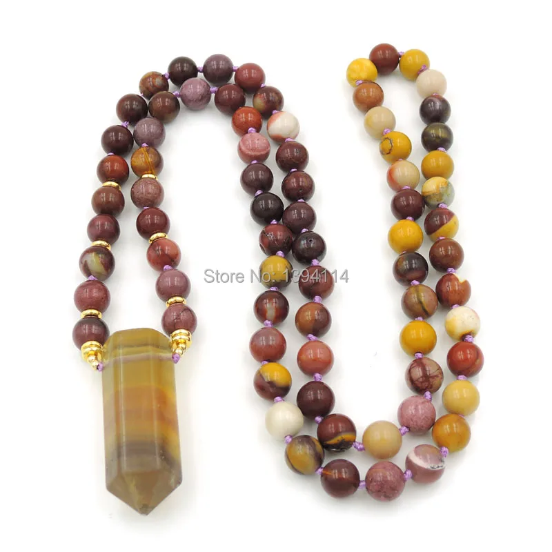 Ожерелье с подвеской в виде шестигранной стойки из натурального флюорита, 8 мм, круглые бусины Moonkite, узел ручной работы