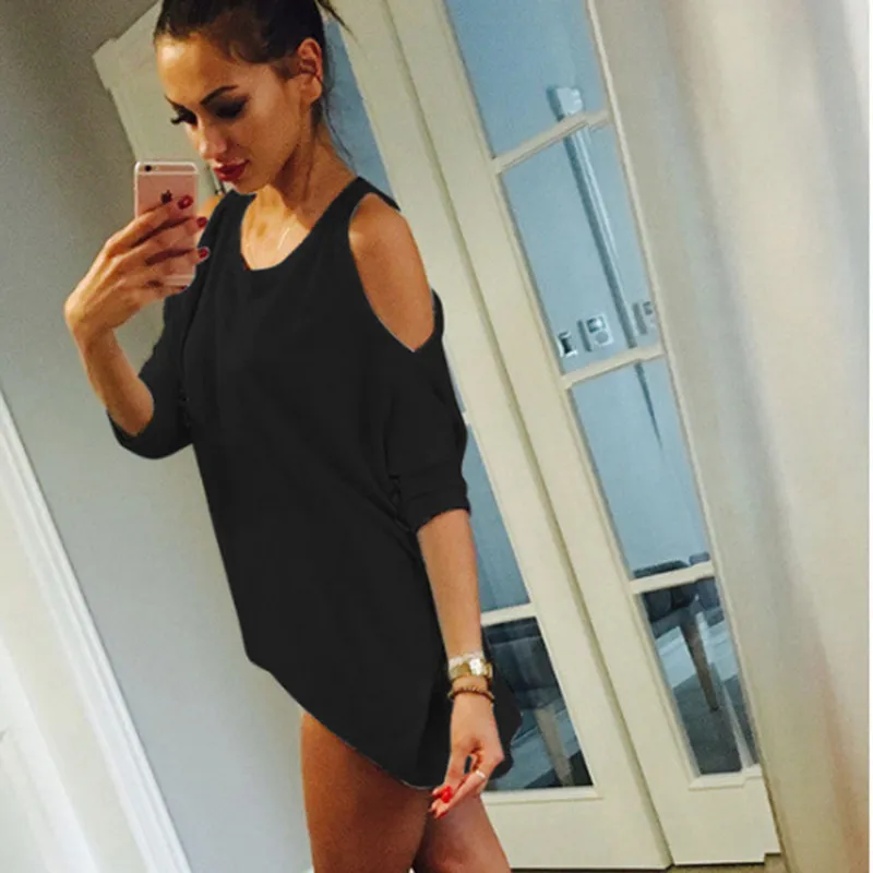 Summer Women T-Shirt O-Neck Solid Color Off Shoulder Sexy Long T shirt Womens Top Tees Loose Casual T-shirt Plus Size 5XL 934998 | Женская