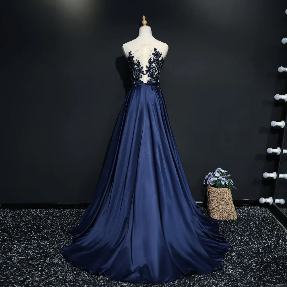 Robe De Soiree 2020 Navy Blue Evening Dresses Sheer Scoop Neck Beaded Pearls Women Formal Gowns Special Occasion Dress | Свадьбы и