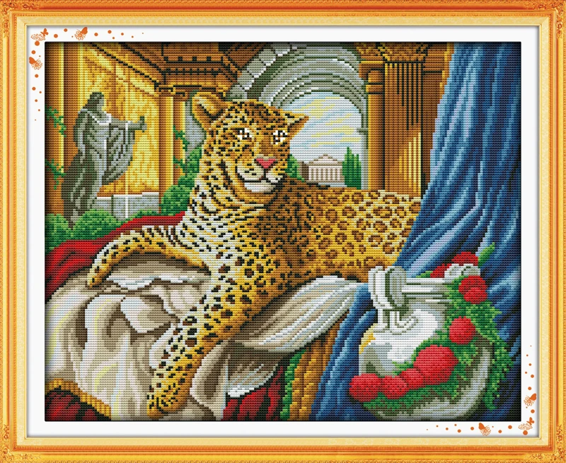 

Leopard cross stitch kit 14ct 11ct pre stamped canvas cross stitching animal lover embroidery DIY handmade needlework