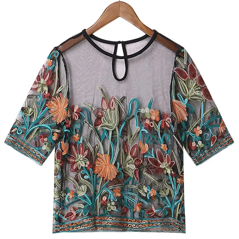 

Women Blouses Tops Sexy Hollow Out Floral Embroidery Women Shirts Fashion Mesh Fabric Short Sleeve