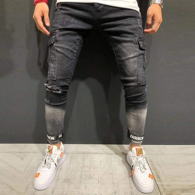 Мужские черные уничтожены моды группы лодыжки Slim Fit Denim уличная рваные джинсы с
