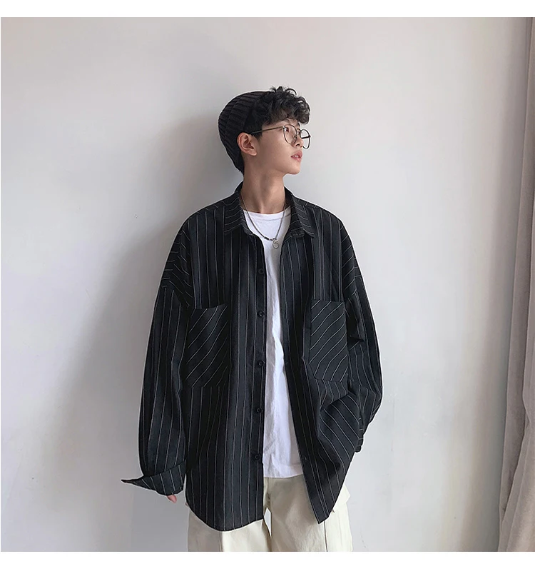 LAPPSTER Men Stiped Shirts Streetwear Casual Man Black Oversized Shirts White Harajuku Vintage Long Sleeve Shirt For Men
