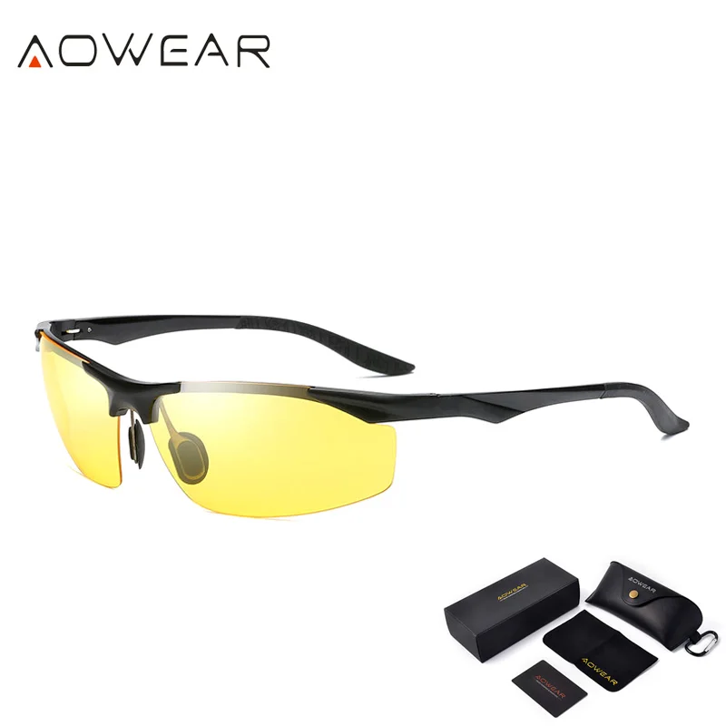 Black Night Vision AOWEAR HD очки для ночного вождения мужские поляризованные солнцезащитные очки ночного видения мужские алюминиевые желтые солнцезащитные очки для водителя Gafas - Цвет линз: Black Night Vision