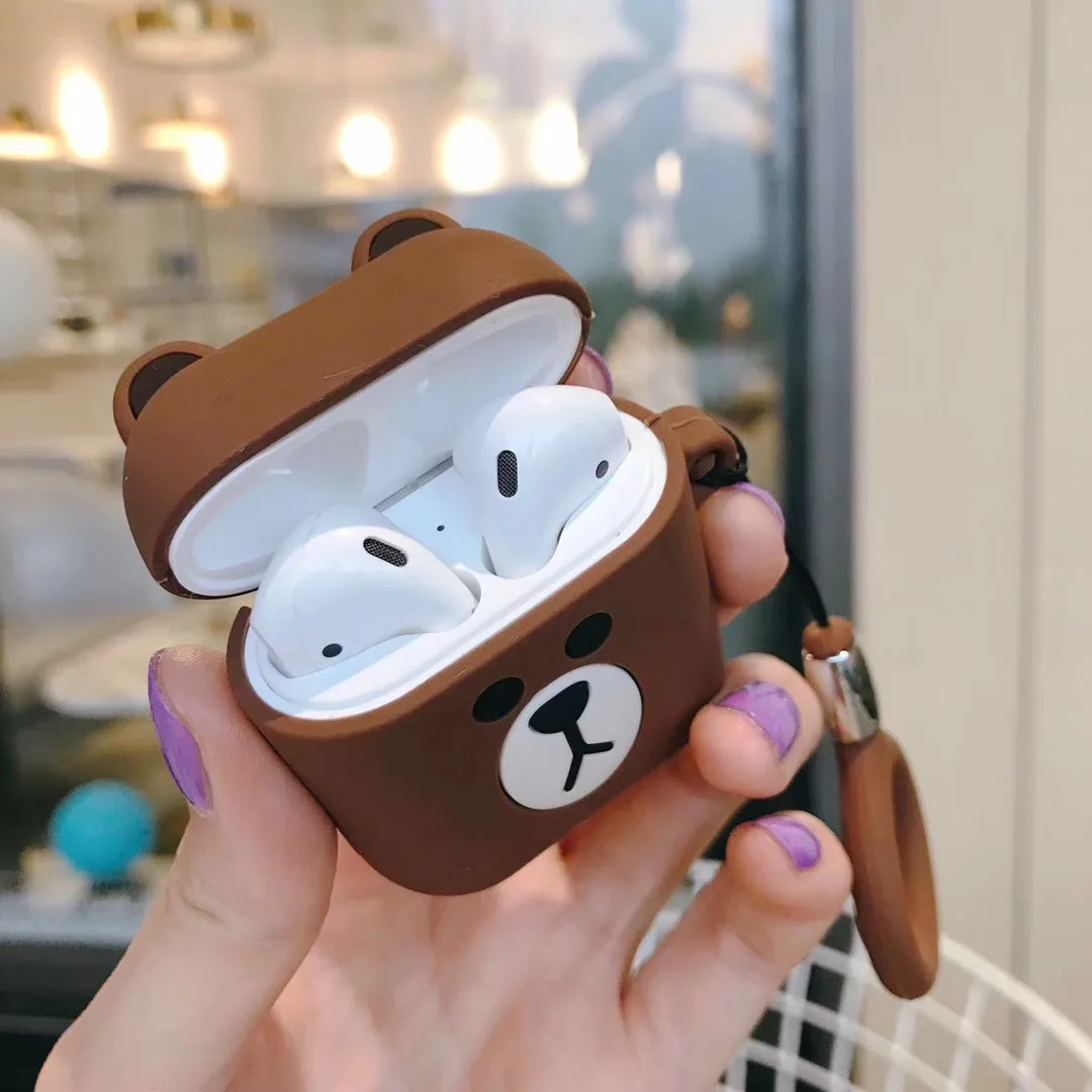 Чехол для Apple Airpods мультяшное кольцо брелок с медведем животным уткой мягкая