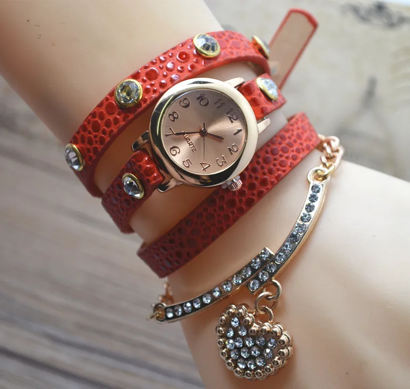 

2018 New Heart Pendant Long Chain Bracelet Watch Woman Fashion PU Leather Casual Dress ladies Quartz Wristwatch