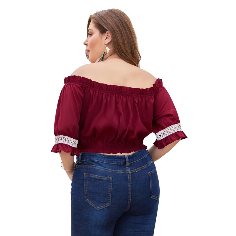 Женские топы Плюс Размер короткий рукав с открытыми плечами кружева