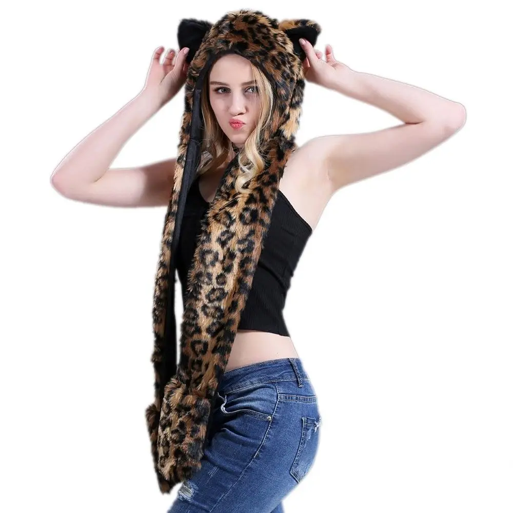 leopard Шапка из искусственного меха с капюшоном с изображением животных из мультфильма; шапка с шарфом; варежки; уши и лапы; 3 в 1; Теплая Шапка; костюм; реквизит; подарок - Цвет: leopard