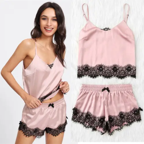 2 шт. Для женщин леди атласные кружева пижамы Babydoll ночные рубашки комплект на