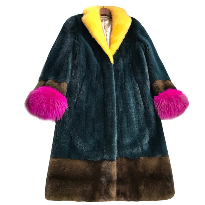 Stylish Winter 2019 female jacket colorful elegant long real mink fur coats polo collar raccoon dog sleeve new Women's clothing