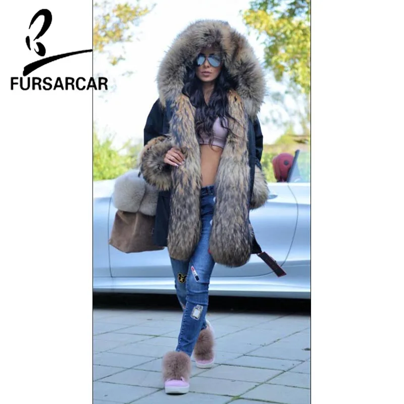 Парка FURSARCAR Женская с воротником из натурального меха енота на капюшоне черная