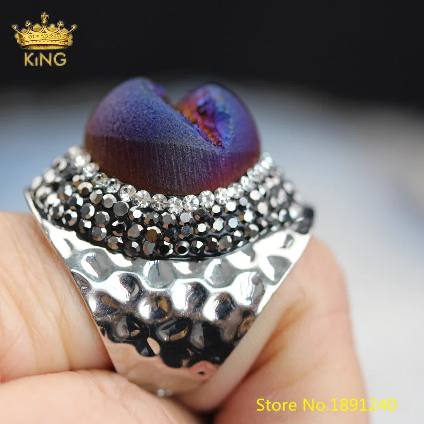 5 шт 20 мм большие кольца Drusy Geode, разные цвета, распродажа, друза титана, Агаты, камни, вымощенные Стразы, серебряное кольцо YT116