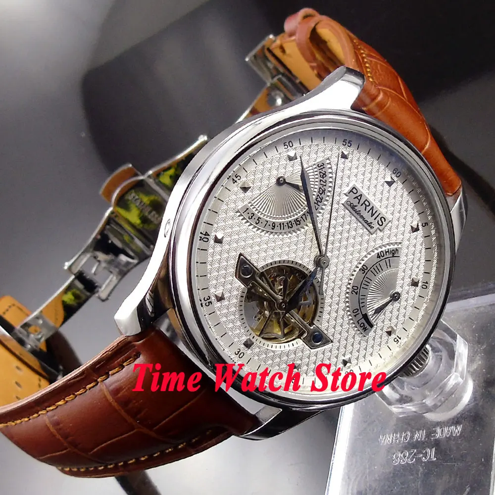 Часы мужские Parnis с автоматическим перемещением 43 мм белым циферблатом и