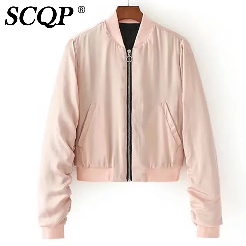 SCQP Для женщин Повседневное твердых атласная Курточка бомбер тонкий o-образным
