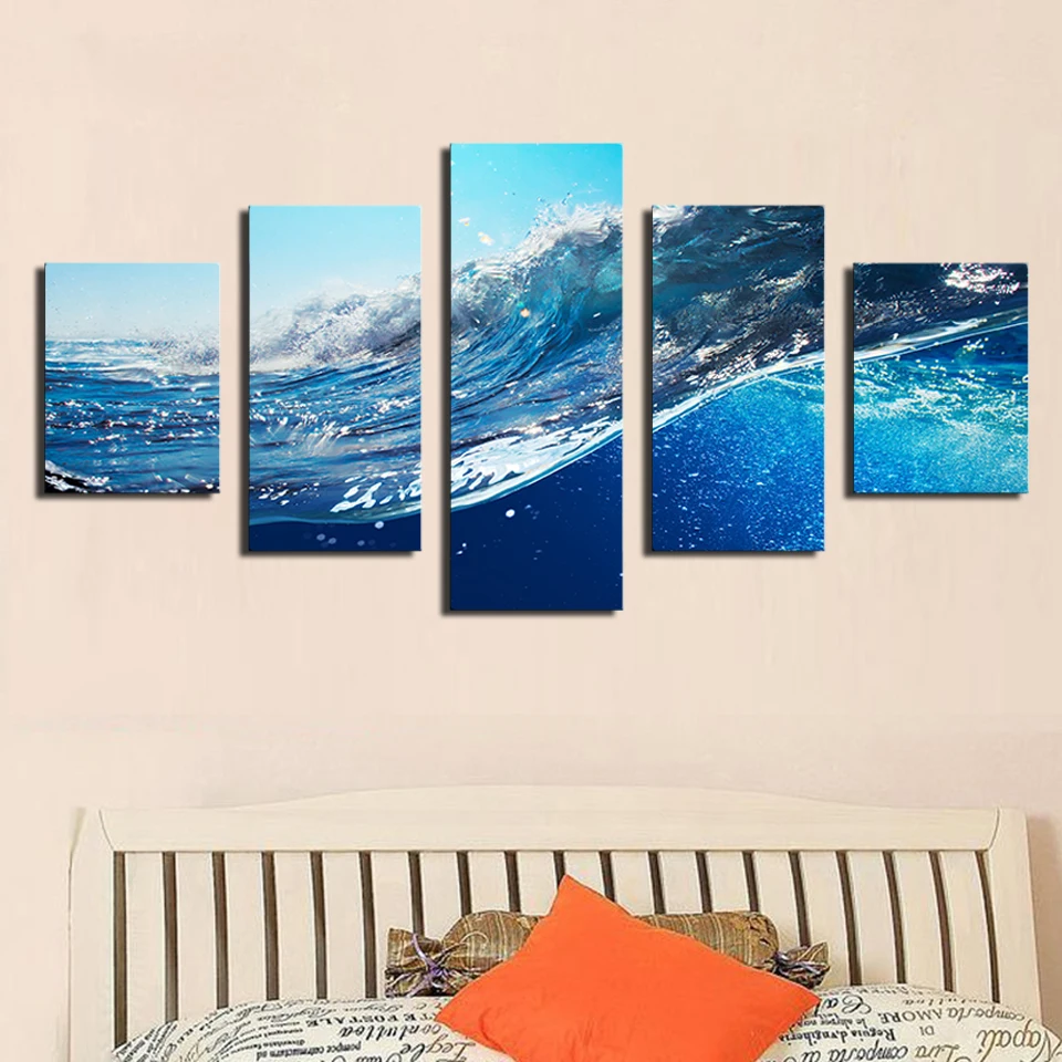

2017 Sale Paintings Cuadros Decoracion Fallout 5 Pcs Ocean Wave Sea Sky Painting Printed On Canvas for Home Decor Wall No Frame
