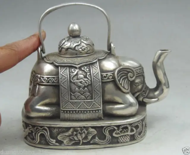 

Collectible Decorated Old Handwork Tibet Silver Carved Elephant Tea Pot