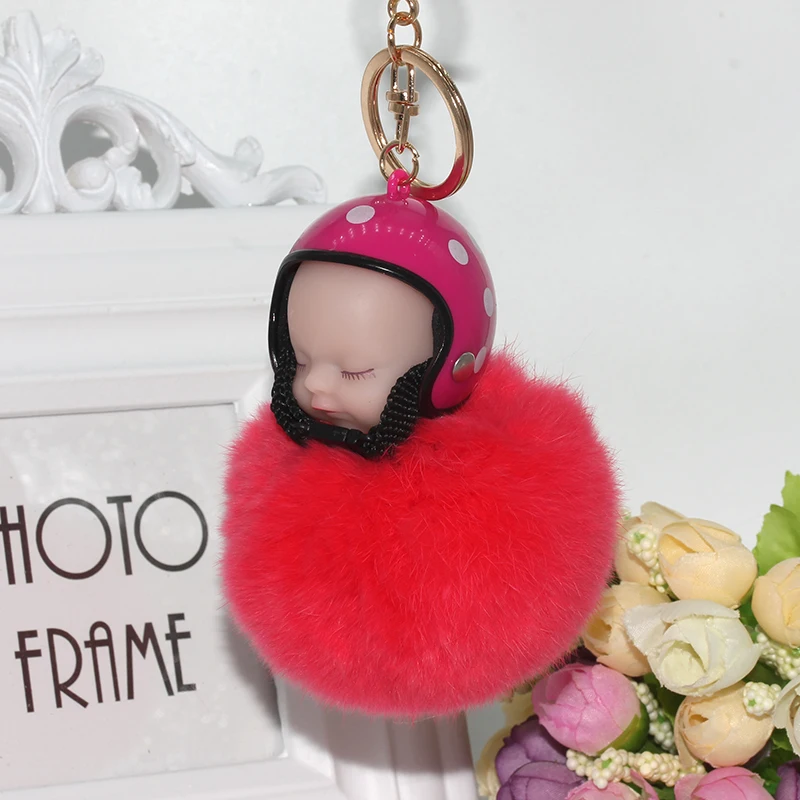 

Fashion Real Rabbit Fur Ball Helmet Doll Keychain PomPom Fluffy Key Ring Women Bag Purse Car Key Chains Jewelry EH869