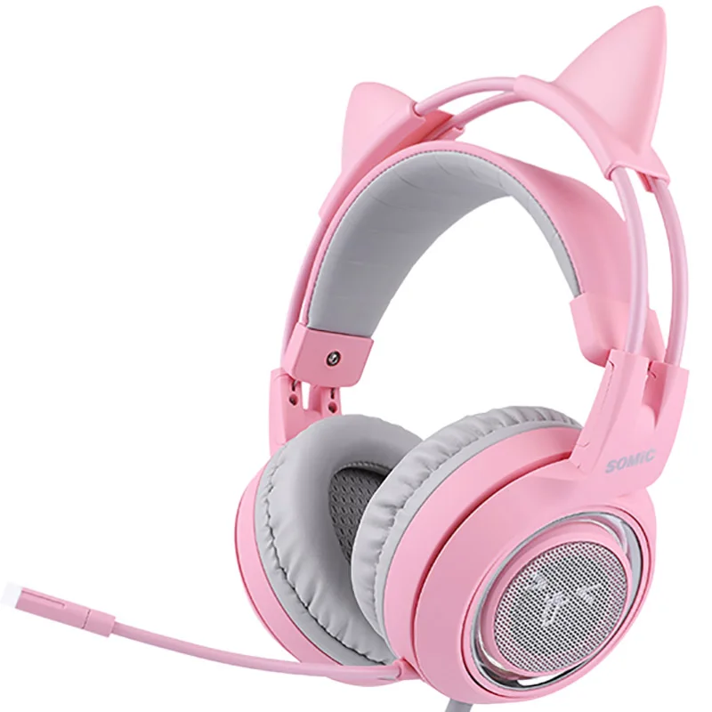 SOMIC G951 розовые наушники с кошачьими ушками Virtual 7 1 шумоподавление Игровые