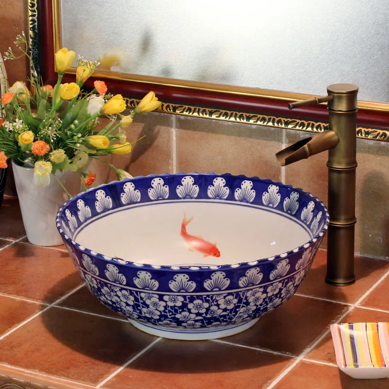 

Artistic blue and white porcelain bathroom sink wash basin bowl