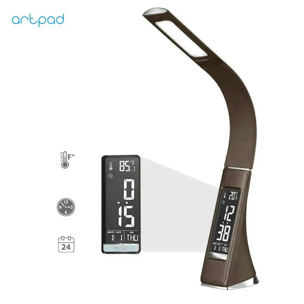 

Black Brown Modern LED Table Desk Lamp With Clock Calendar Time Alarm LED Display Dimmer Business Study Work Desktop Lamp
