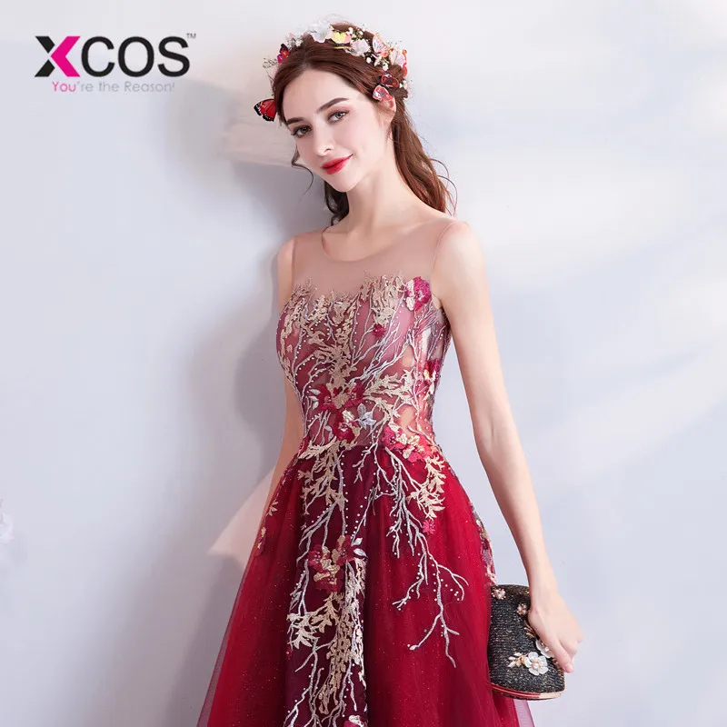XCOS Robe de Soiree Longue элегантное кружевное красное платье для выпускного вечера