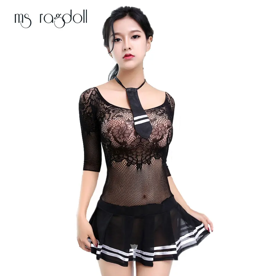 Сексуальное эротическое белье платье черное в школьном стиле с галстуком для