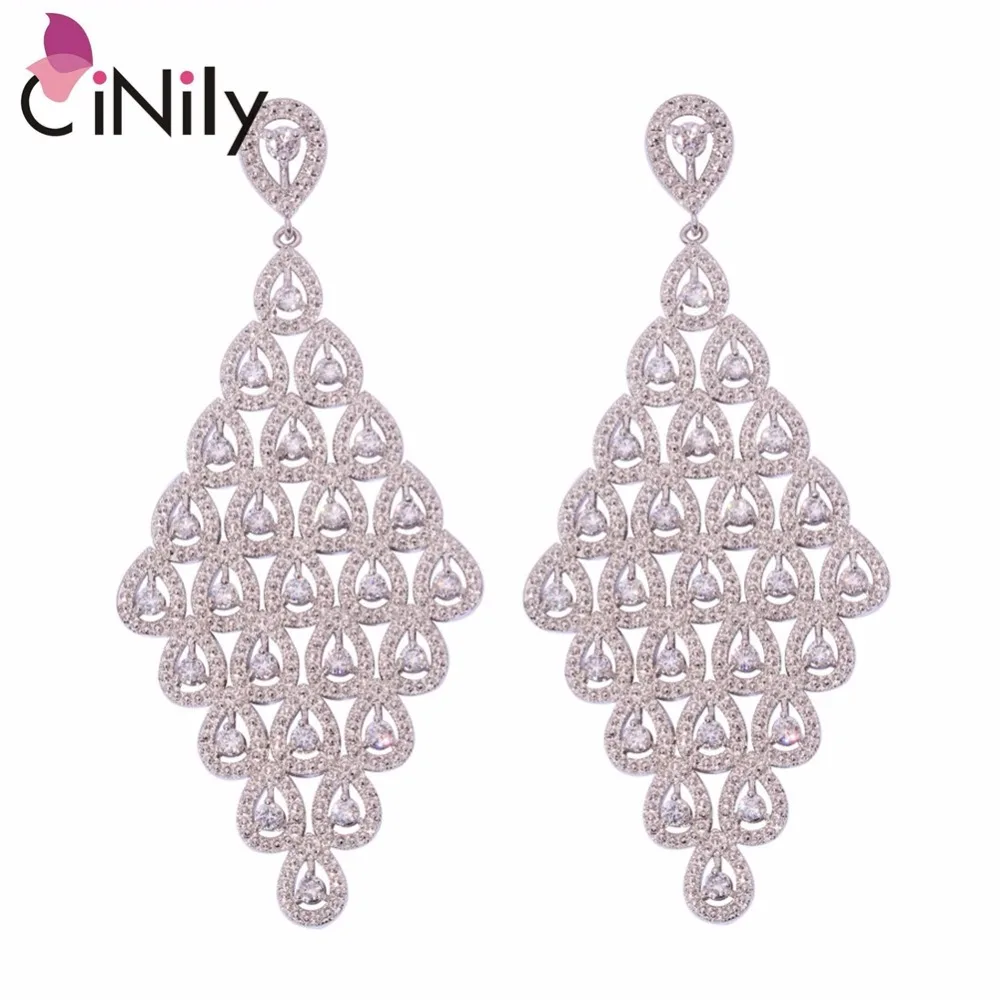 

CiNily White Zircon Silver Plated Earrings Wholesale New Style Fashion Wedding for Women Jewelry Drop Earrings 3 3/8" FH7396